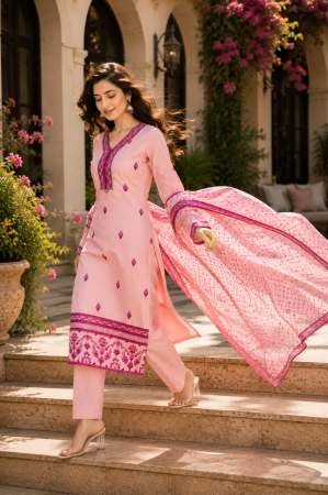 Cottton Blend  Peach Colour  Kurti Pant With Dupatta