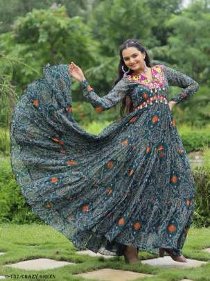 Crazy Green Georgette kutchi Patchework Gown