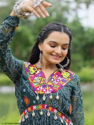 Crazy Green Georgette kutchi Patchework Gown
