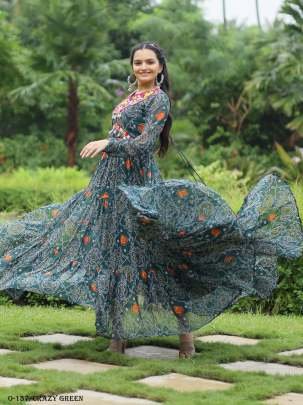 Crazy Green Georgette kutchi Patchework Gown