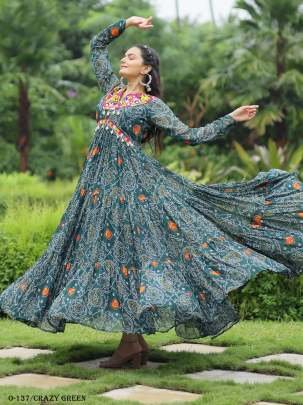 Crazy Green Georgette kutchi Patchework Gown