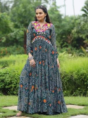 Crazy Green Georgette kutchi Patchework Gown