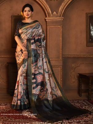 Cream and Black Soft Ghicha Tussar Silk Saree with Beautiful Kalamkari Printed Work