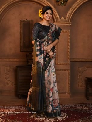 Cream and Black Soft Ghicha Tussar Silk Saree with Beautiful Kalamkari Printed Work