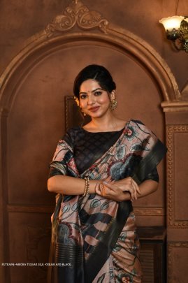Cream and Black Soft Ghicha Tussar Silk Saree with Beautiful Kalamkari Printed Work