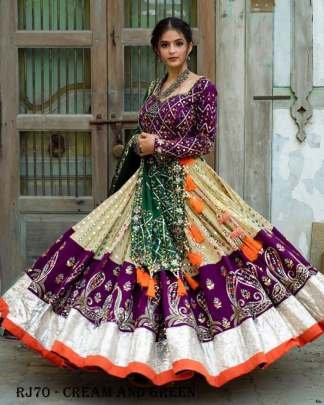 Cream And Green mirror work Gujarati garba navratri chaniya choli