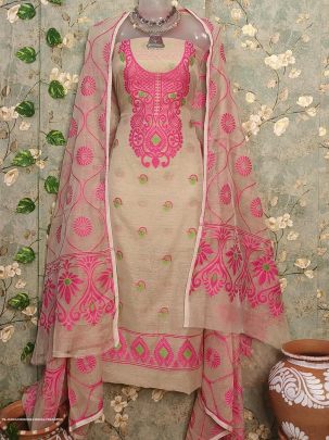 Cream And Pink Designer Dhakai Jamdani Dress Material
