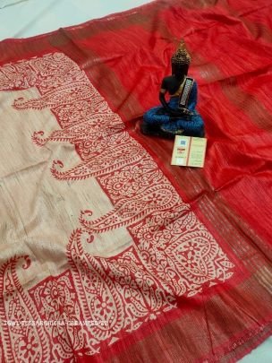 Cream And Red Screen Printed Original Tussar Ghicha Silk Saree 22