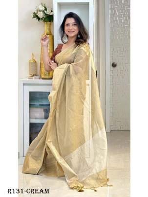 Cream Banarasi Tissue Silk Saree With Weaving Zari Work