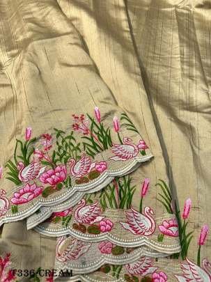 Cream Embroidery Work Tussar Silk Saree