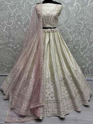Cream Fancy Embroidery Work Marriage Lehenga Choli With Dupatta
