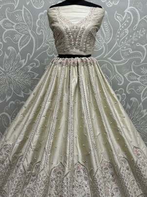 Cream Fancy Embroidery Work Marriage Lehenga Choli With Dupatta