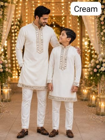 Cream Kurta Pajama Set For Father And Son