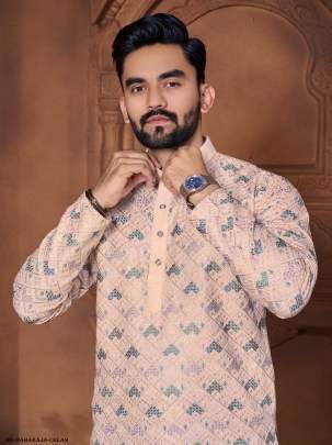 Cream Maharaja Emrboidered Italian Silk Men Kurta With Pajama
