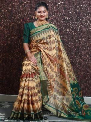 Cream Pramila Ikkat Patola Digital Printed Saree with Green Blouse