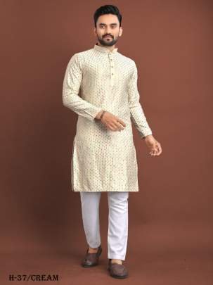 Cream Premium Silk Mirror Work Kurta Pant Set For Mens