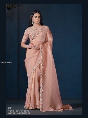Cream Sequin Saree with Moti Work 24500 Series by Mahotsav