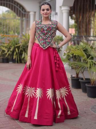 Crop Top Style Rani Colour Lehenga With Choli