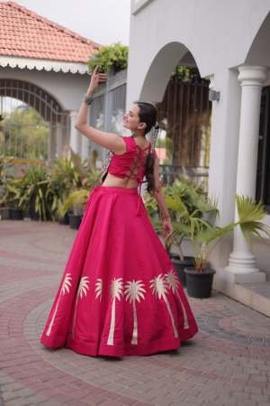 Crop Top Style Rani Colour Lehenga With Choli