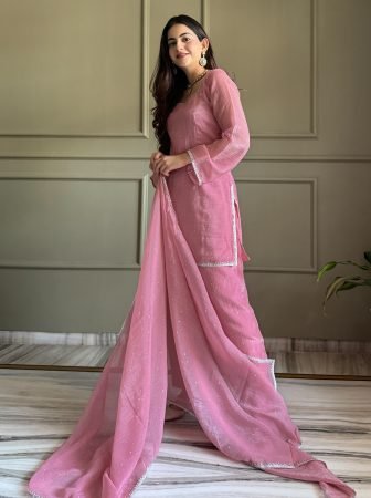 Crunchy Silk Pink Suit Set With Siroski Work