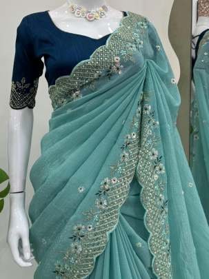 Crunchy Silk Sky Blue Sequins Work Saree