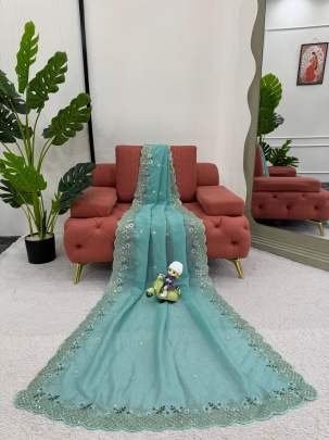 Crunchy Silk Sky Blue Sequins Work Saree