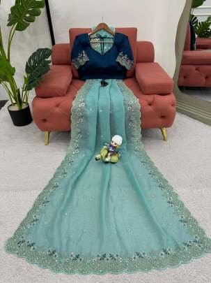 Crunchy Silk Sky Blue Sequins Work Saree