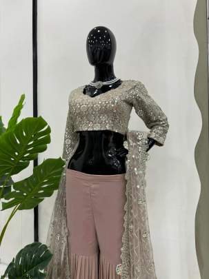 Crystal Rose Color Georgette Wedding Special Sharara Choli Set With Dupatta