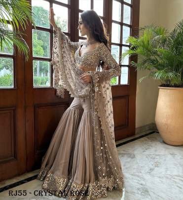 Crystal Rose Color Georgette Wedding Special Sharara Choli Set With Dupatta