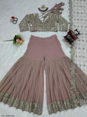 Crystal Rose Color Georgette Wedding Special Sharara Choli Set With Dupatta