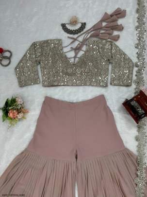 Crystal Rose Color Georgette Wedding Special Sharara Choli Set With Dupatta