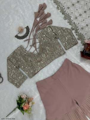 Crystal Rose Color Georgette Wedding Special Sharara Choli Set With Dupatta