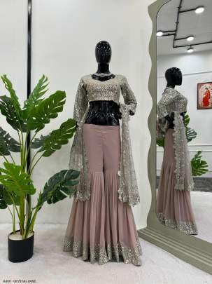 Crystal Rose Color Georgette Wedding Special Sharara Choli Set With Dupatta