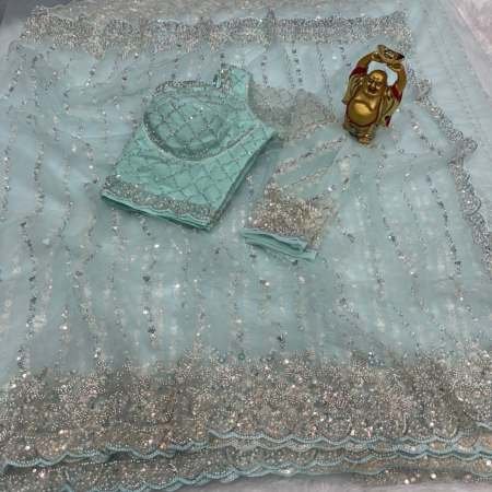Cut Dana Work Sky Blue Colour Hand Work Saree