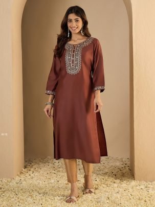Daily Wear Viscose Rayon Rust Brown Kurti Pant Set  