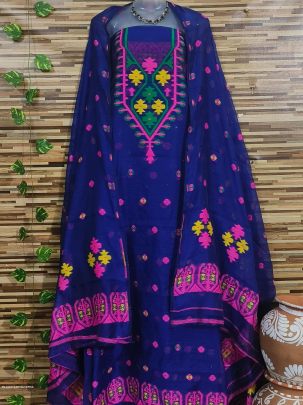 Dark Blue And Pink Latest Dhakai Jamdani Two Piece Dress Material