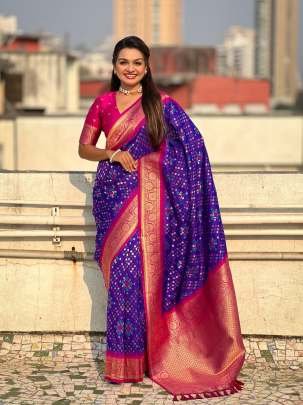 Dark Blue Zari Ikkat Patola Silk Saree