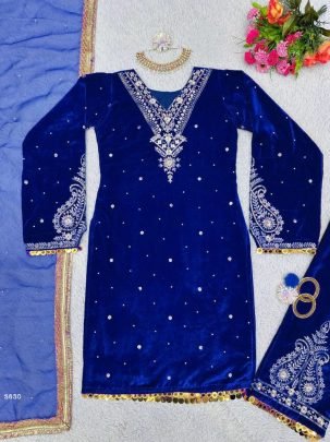 Dark bule Rivet Moti with fancy lace broder velvet suit