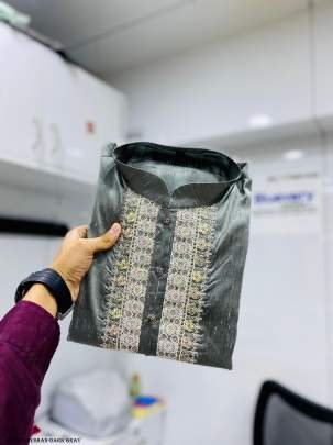 Dark Gray Aabhushan Silk Men Kurta With Payjama