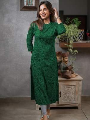Dark Green Cotton Printed Daily Wear Kurti