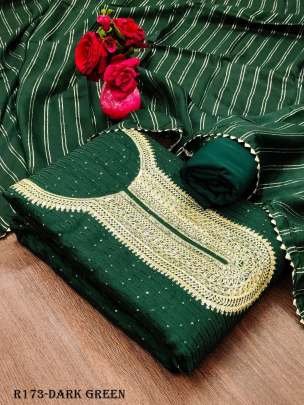 Dark Green Designer Chanderi Unstitched Suits With Crosset Work
