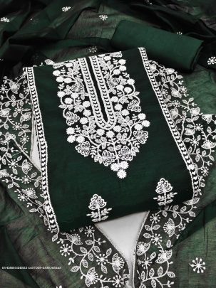 dark green designer embroidery santoon dress material