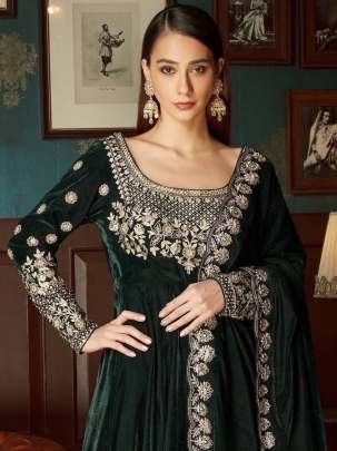 Dark Green Designer Heavy Velvet Anarkali Gown With Dupatta Set
