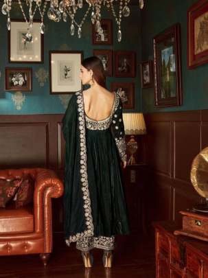 Dark Green Designer Heavy Velvet Anarkali Gown With Dupatta Set