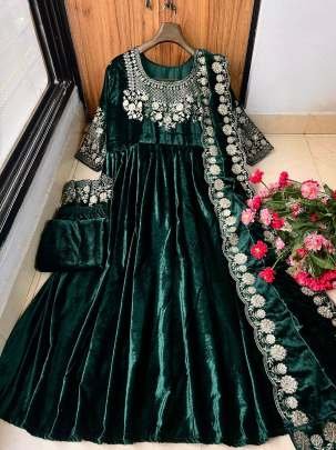 Dark Green Designer Heavy Velvet Anarkali Gown With Dupatta Set