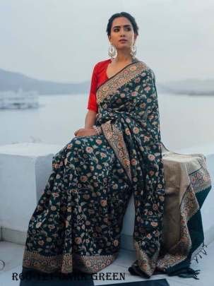 Dark Green Exclusive Wedding Golden Zari Lichi Silk Saree