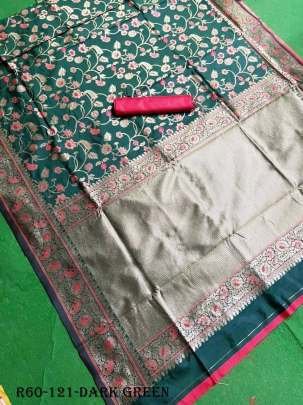 Dark Green Exclusive Wedding Golden Zari Lichi Silk Saree