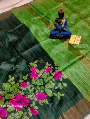 Dark Green Flower Screen Printed Original Tussar Ghicha Silk Saree 13