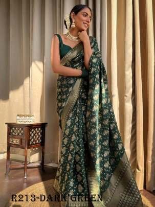 Dark Green Luxury Look Pure Banarasi Soft Silk Saree