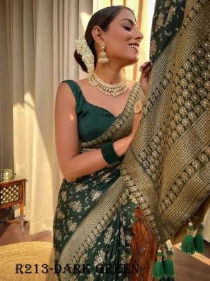 Dark Green Luxury Look Pure Banarasi Soft Silk Saree